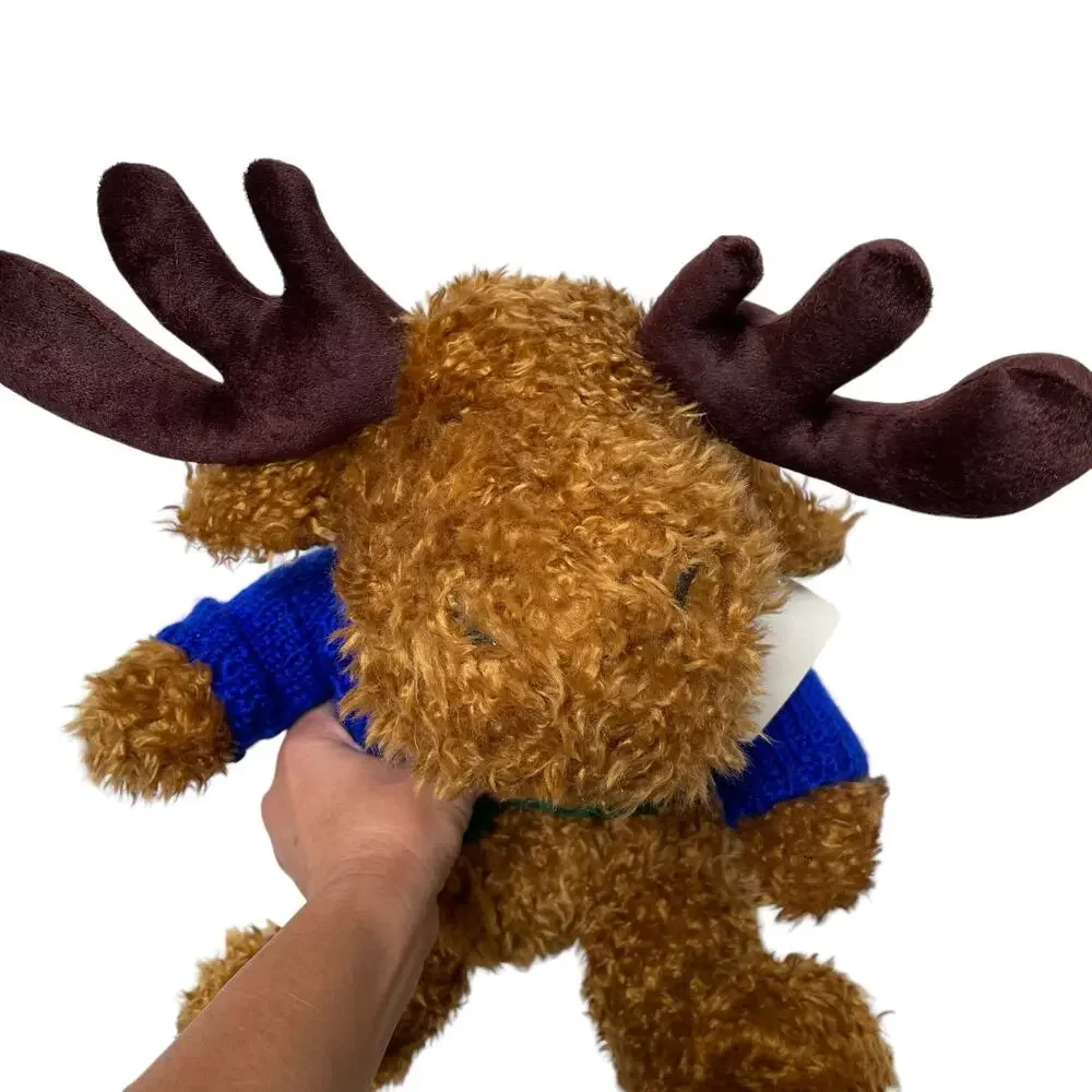 Vintage Reindeer Plush Moose Brown Curly Hair Blue Sweater 15” HugFun Toy TAGS